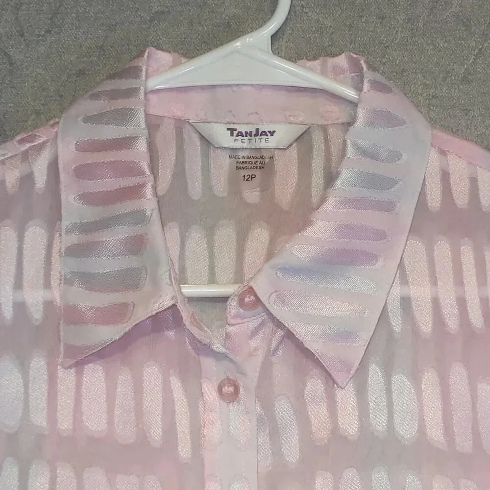 Tan Jay Women's Petite Pink Sheer Long  Sleeve Button Down Blouse Size 12P - Picture 3 of 10